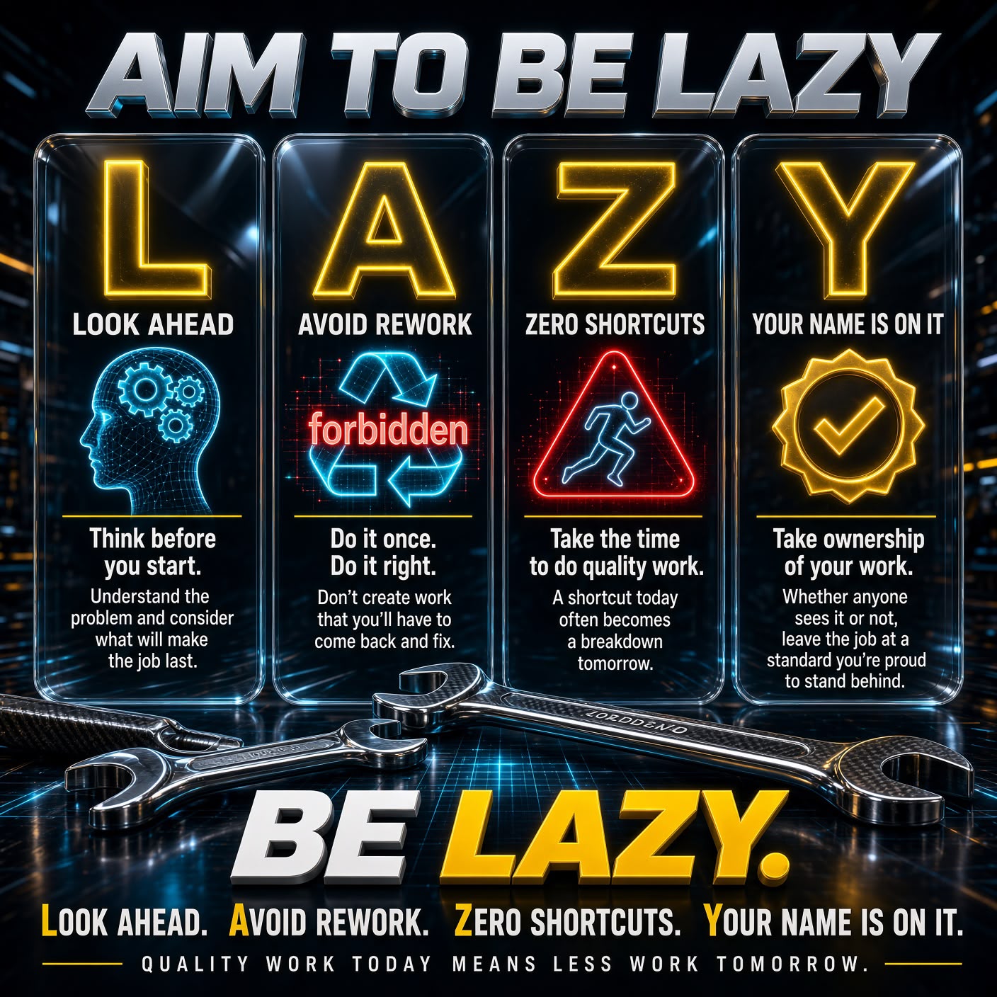 Aim to be lazy. Four glowing gold letters stand above chrome and neon panels, with workshop tools below. The full wording follows in accessible text.